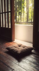 Fototapeta premium yoga. A meditation cushion on a wooden floor, bathed in peaceful morning light with a shallow focus. wellbeing guides, coaching materials, designed for coaching and self-improvement content. 