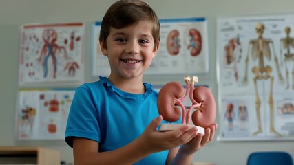 Young boy presenting kidney model in biology class at school for education