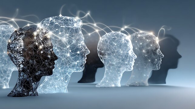 Silhouette heads connected by glowing neural networks representing psychology, teamwork, and mental health concepts in a futuristic digital environment - Powered by Adobe