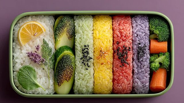 Colorful Sushi Bento with Fresh Vegetables and Fruits