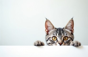 Cute silver tabby kitten peeks over white wall. Young striped cat with big yellow eyes looks with curiosity from behind blank surface. Small pet animal plays hiding game. Domestic feline head, paws