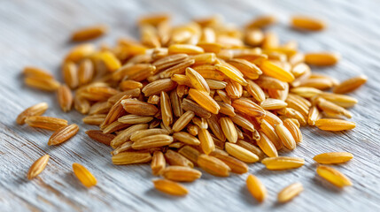Obraz premium Golden wheat grains on a rustic wooden surface, a warm-toned photo of natural food products representing organic agriculture and healthy eating