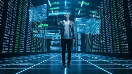 Man interacts with holographic data in digital space. Trader touches virtual stock market screen. Man analyzes data with futuristic interface. Digital trading room with stock numbers and man. - Powered by Adobe