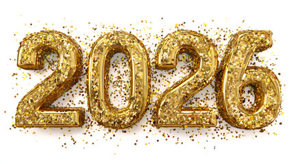Golden 2026 numbers with glitter on white background for New Year