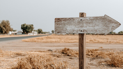 An eroded wooden directional sign in an arid rural landscape, a rustic navigation symbol on a dusty road.