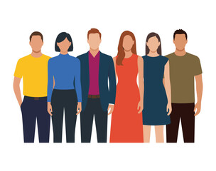 Obraz premium Six diverse people standing together in flat style group diversity women.