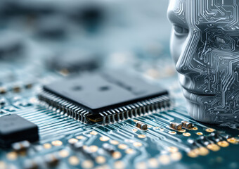 Artificial intelligence concept with 3d humanoid robot face and integrated circuit on motherboard background representing machine learning technology, future digital processor and cybernetic brain