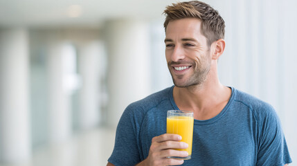 Fototapeta premium A smiling man with a glass of freshly squeezed orange juice in a bright, modern interior.