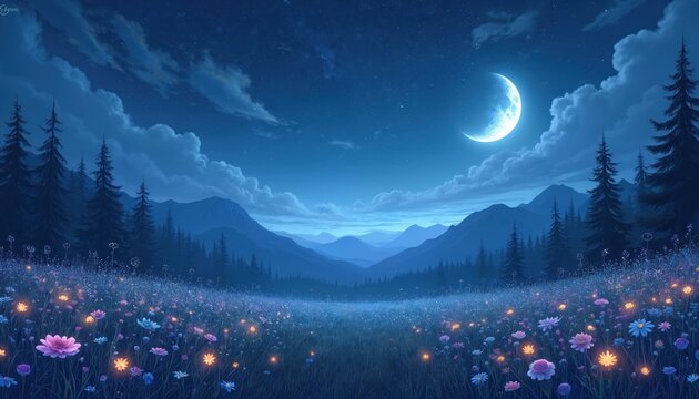 Magical night landscape photo features crescent moon stars, dreamy meadow with vibrant flowers. Fantasy forest silhouette, mountain range create peaceful mood. Digital art design for wallpaper - Powered by Adobe