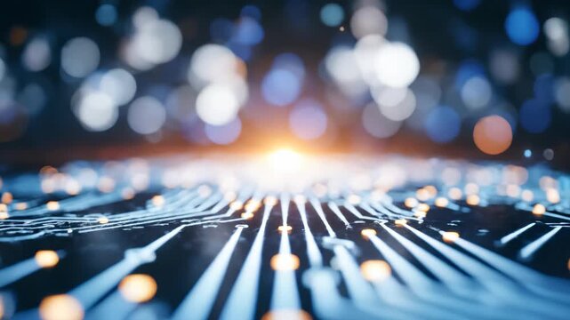 Close-up of glowing abstract electronic circuit board with bright light flare and bokeh background, concept for technology innovation, digital transformation and data analysis