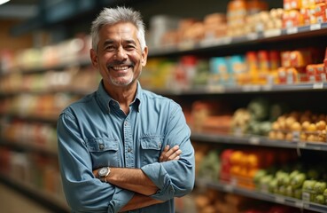 Smiling Hispanic senior man with arms crossed in grocery store. Shelves stocked with food products. Experienced shopkeeper surveys merchandise. Confident male retail worker.
