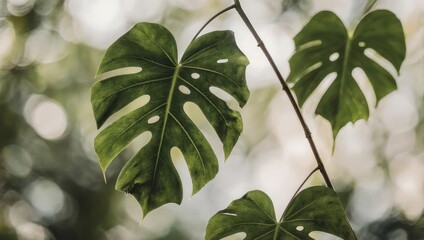 Lush Green Monstera Deliciosa Leaves with Natural Light and Bokeh Background.