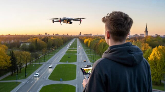 A teenager photographing parks and streets from a drone  