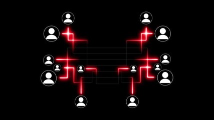 White person icons connected by bright yellow glowing lines in a symmetrical network connection people.4K. - Powered by Adobe