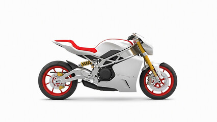 Obraz premium White and red futuristic motorcycle with yellow fork on white background