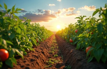Sunset at vegetable farm. Rows of tomato bushes stretch to horizon. Sun rays illuminate growing plants. Farming field on sunset. Food cultivation in eco countryside. Harvest season is comming.