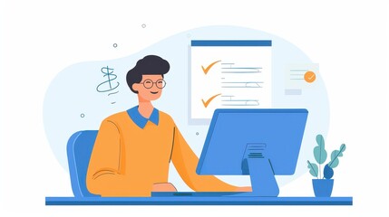 Smiling businessman working diligently at modern office desk