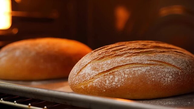 Freshly baked homemade artisan bread in the oven. Concept of traditional baking, bakery, and comfort food. National Homemade Bread Day.