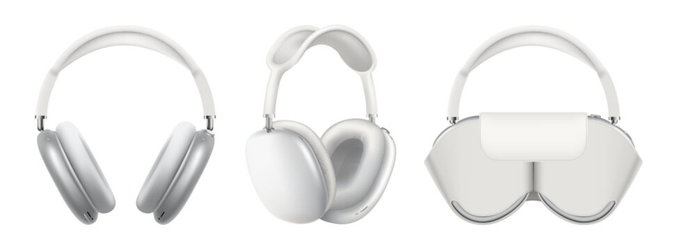 Set of White wireless headphones Apple AirPods Max. Transparent background, realistic vector illustration
