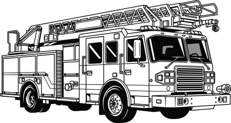 Black and white fire truck vector illustration featuring side profile with extendable ladder and emergency equipment isolated on white background, © Samina