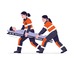 Obraz premium Two paramedics in orange and dark blue uniforms carry a patient on a stretcher medical.