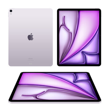Set of Apple iPad Air devices in purple color, isolated on transparent background, realistic vector illustration. The iPad Air 6th generation is a tablet computer designed, developed by Apple Inc.