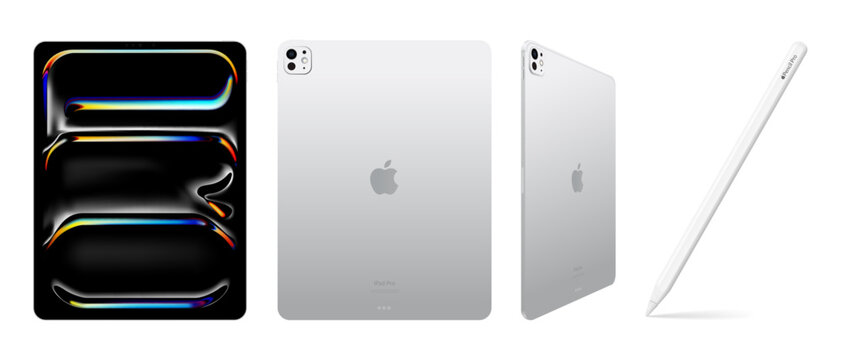 Set of Apple iPad Pro devices in silver color and Apple Pencil on transparent background, vector illustration. The 7-th iPad Pro is a line of OLED iPad tablet computers