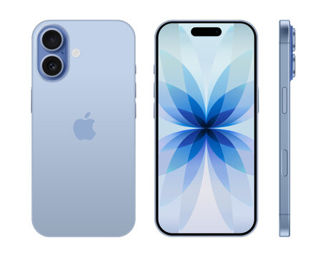 Set of Smart Phone iPhone 17 devices in mist blue color, on transparent background, vector illustration. The iPhone 17 is smartphone developed by Apple Inc.