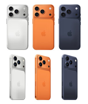 Set of Smart Phone iPhone 17 Pro in official colors, on transparent background, vector illustration. The iPhone 17 Pro and iPhone 17 Pro Max are smartphones developed and marketed by Apple Inc.