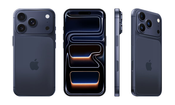 Set of Smart Phone iPhone 17 Pro in deep blue color, on transparent background, vector illustration. The iPhone 17 Pro and iPhone 17 Pro Max are smartphones developed and marketed by Apple Inc.
