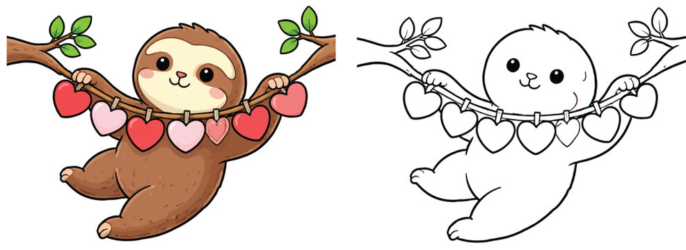 A heart-shaped vector artwork of a cute sloth perched on a branch Happy Valentine's Day, animal character. Children's coloring book page outline