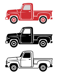 Fototapeta premium Stylized vintage pickup trucks in red black and outline white background retro vehicle