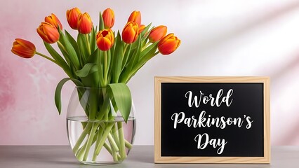 A bouquet of orange tulips and a blackboard for world parkinson's day