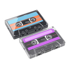 Fototapeta premium Two Retro Cassette Tapes with Colorful Labels audio cassette isolated on a transparent background