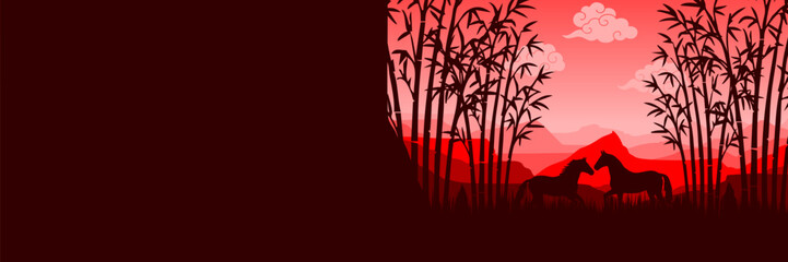 Atmospheric Asian landscape background with horse and bamboo for spring festival
