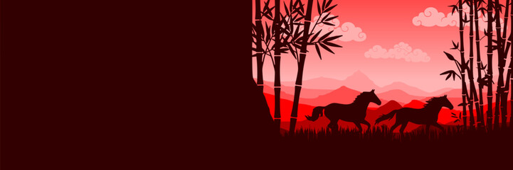 Minimalist red and gold vector illustration of a horse standing in a bamboo grove