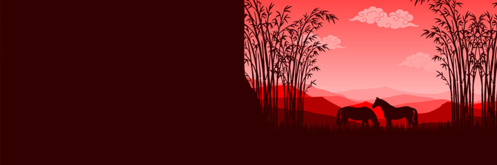 Panoramic Lunar New Year 2026 background with horse silhouette and bamboo forest