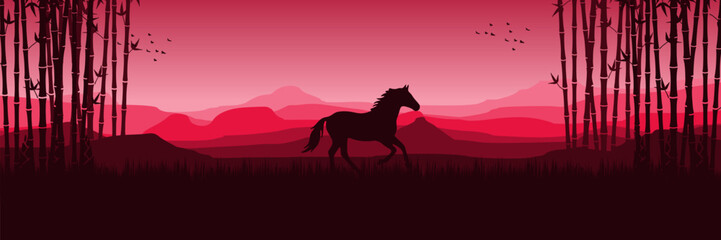 Panoramic Chinese New Year 2026 vector background with horse silhouette and red mountains.