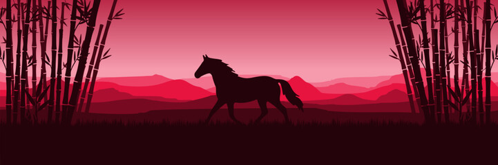 Wide screen Lunar New Year banner featuring Year of the Horse landscape with copy space.