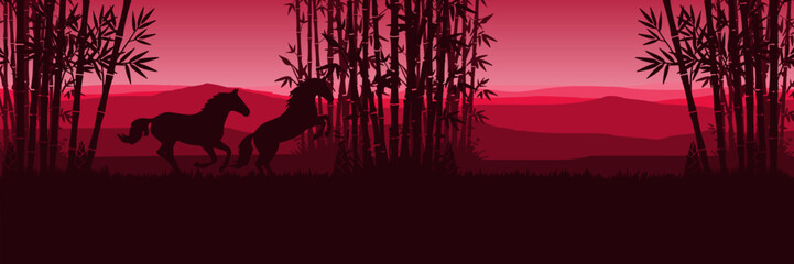 Atmospheric red and gold landscape illustration with running horse silhouette for holiday header.