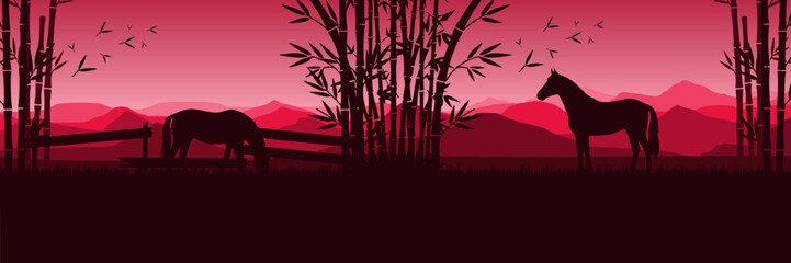 Minimalist Asian nature background with layered mountains and horse for Spring Festival.