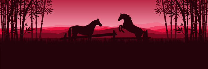 Serene Year of the Horse 2026 greeting card template with traditional style mountain scenery.