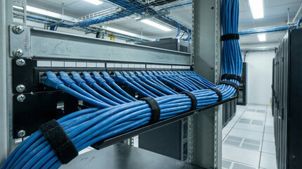 Blue network ethernet cables connected to a patch panel in a data center
