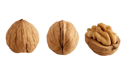 Walnut halves and whole walnut isolated on a transparent background