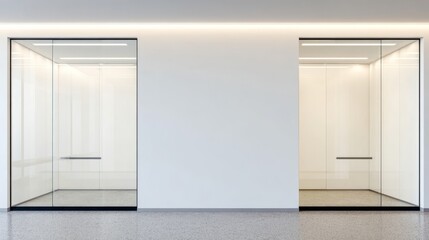 lobby. A minimalist office lobby with glass meeting rooms and clean architectural lines in a professional setting. real-estate listings.
