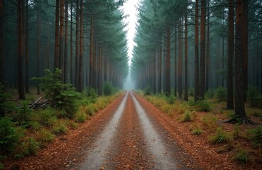 Fototapeta premium Dirt road goes through dense pine forest. Tall trees stand along roadway covered with fallen leaves in moody woodland landscape. Forest trail is scenic route for hikers through nature.