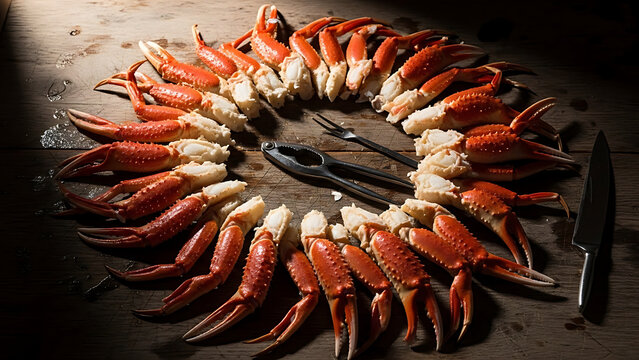 Freshly cracked crab display with tools
