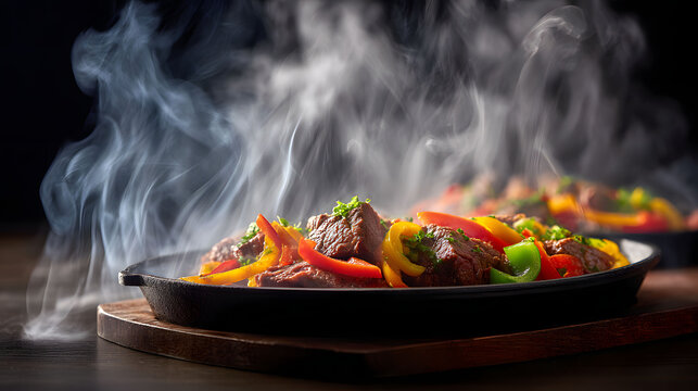 Sizzling fajita skillet with smoke