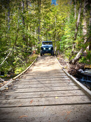 UTV parked in front of small bridge in lush forest off road