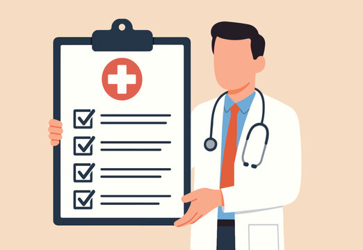 Medical clipboard, prescription or insurance document, health check or doctor diagnosis record, medicine or medicare checklist concept, doctor with stethoscope holding medical clipboard prescription